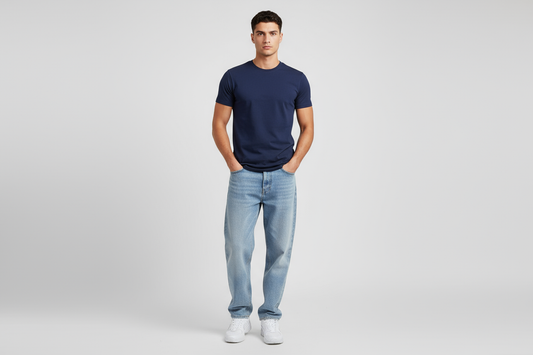 Men's navy blue fitted t-shirt with loose fit jeans 