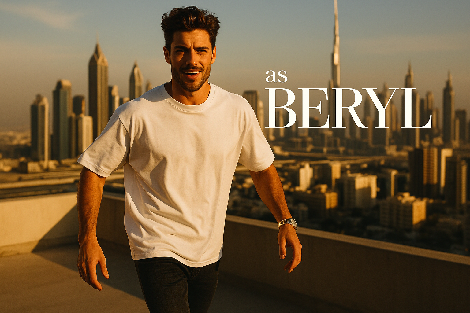 Male model in white oversized tee with Dubai background