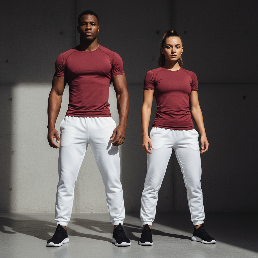 Men's maroon compression activewear t-shirt with white gym pants and black athletic shoes