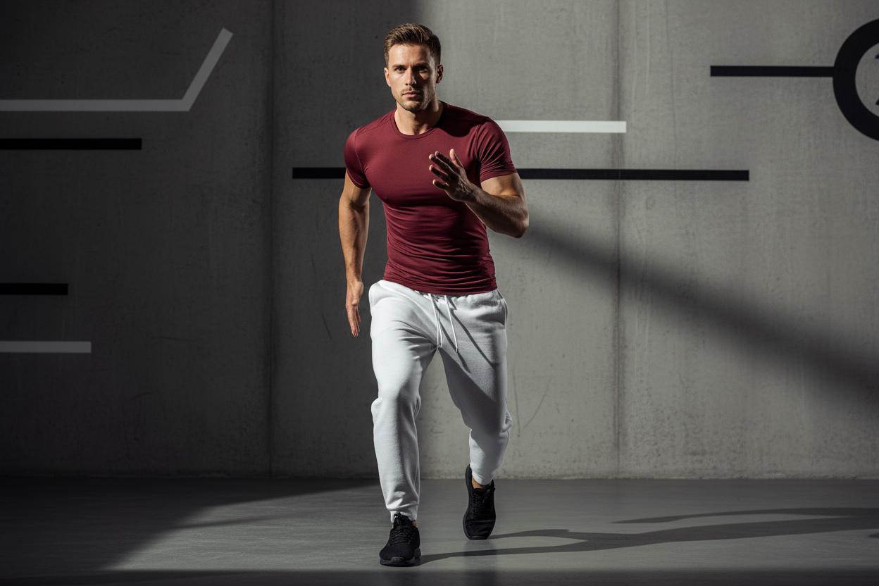  Maroon compression t-shirt dynamic athletic action pose