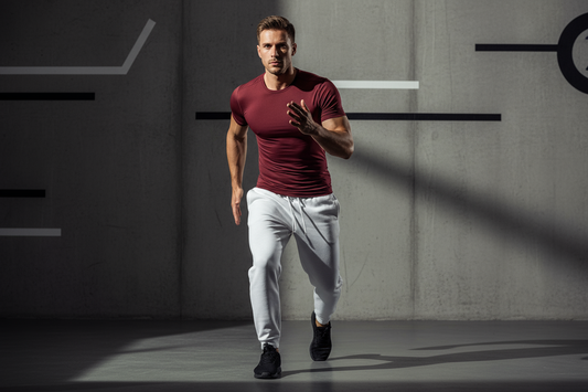  Maroon compression t-shirt dynamic athletic action pose