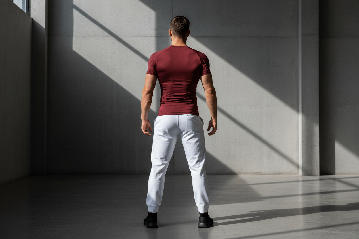 Maroon compression t-shirt back view showing athletic fit