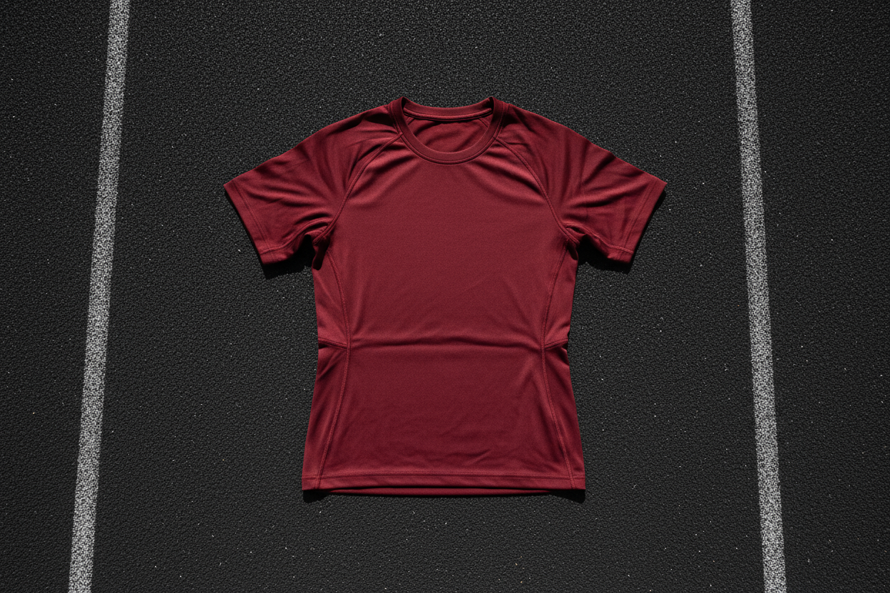 Maroon compression activewear t-shirt flat lay product view
