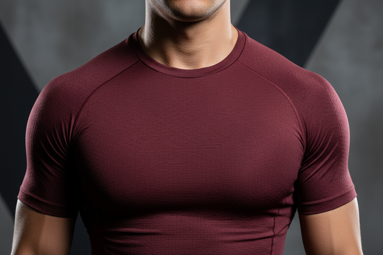 Maroon compression t-shirt neckline and fabric detail close-up