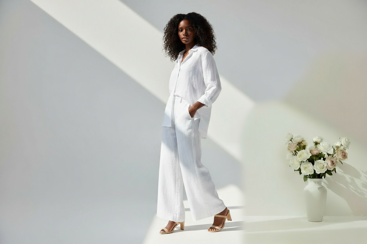 Model in clean white linen with hands in pockets