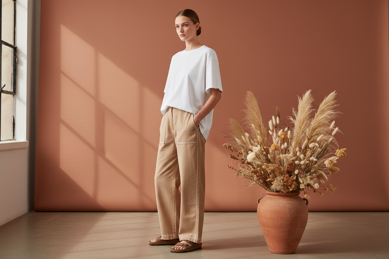 Model in oversized white t-shirt