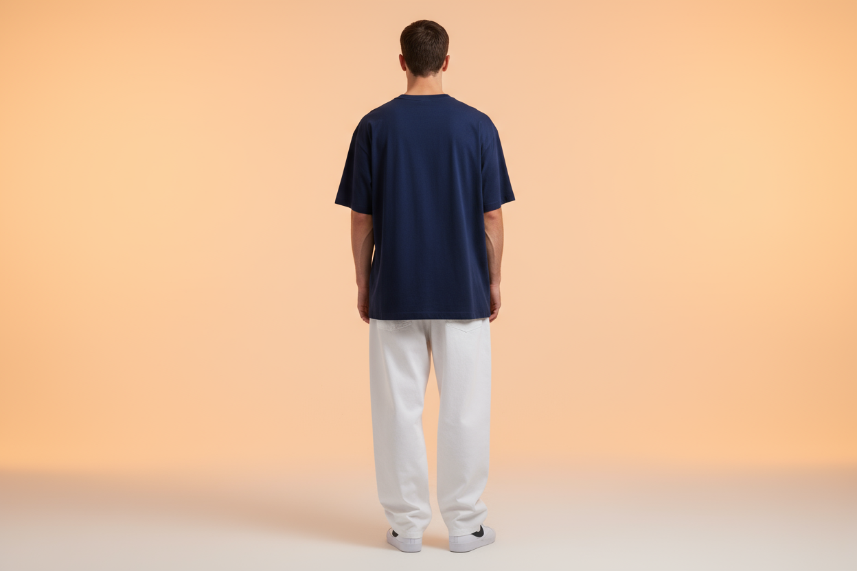 Navy blue 240gsm oversized t-shirt back view showing fit