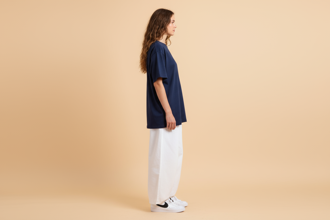 Navy blue 240gsm oversized t-shirt side profile on female model