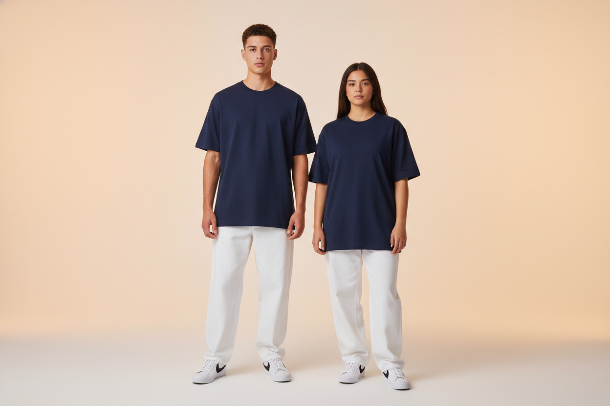 Unisex navy blue 240gsm oversized t-shirt on male and female models with white oversized pants