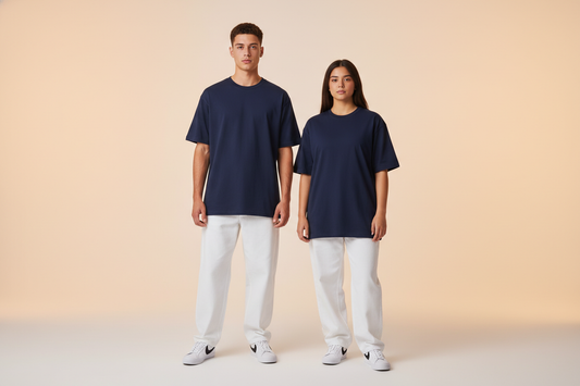 Unisex navy blue 240gsm oversized t-shirt on male and female models with white oversized pants