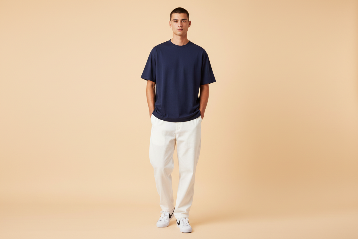 Navy blue 240gsm oversized t-shirt styled with white oversized pants