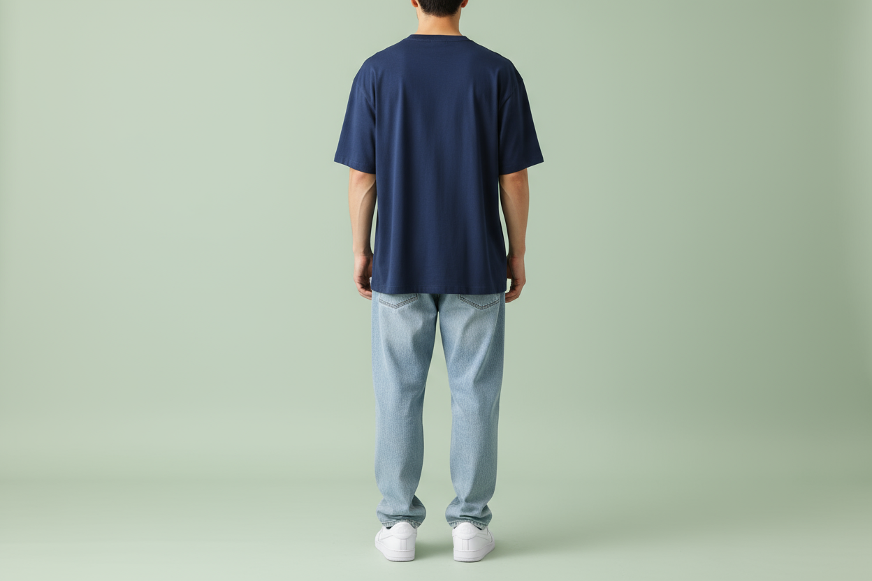 Navy blue oversized drop shoulder t-shirt back view showing fit