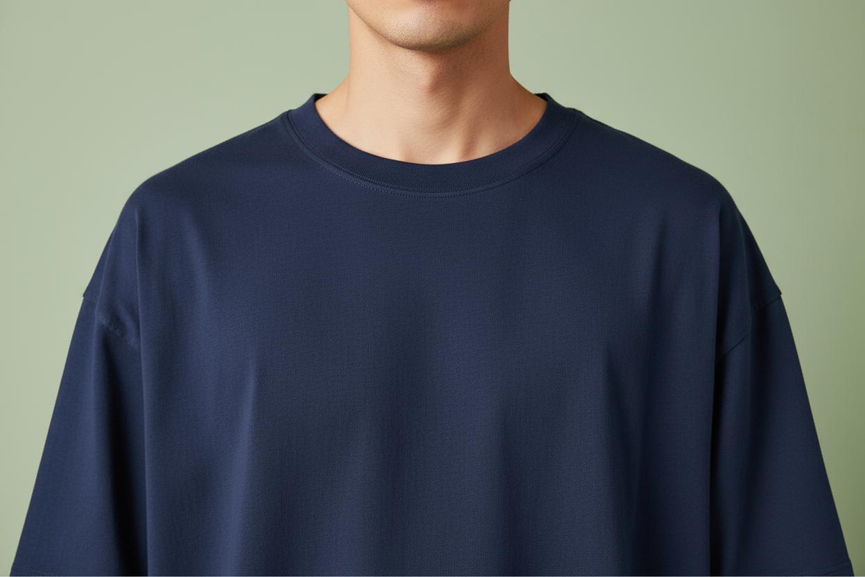 Navy blue oversized drop shoulder t-shirt neckline and shoulder detail close-up