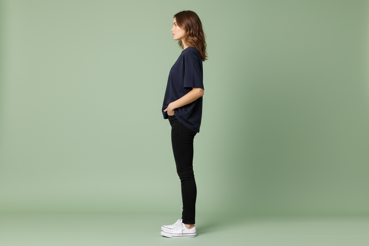 Navy blue oversized drop shoulder t-shirt side profile on female model