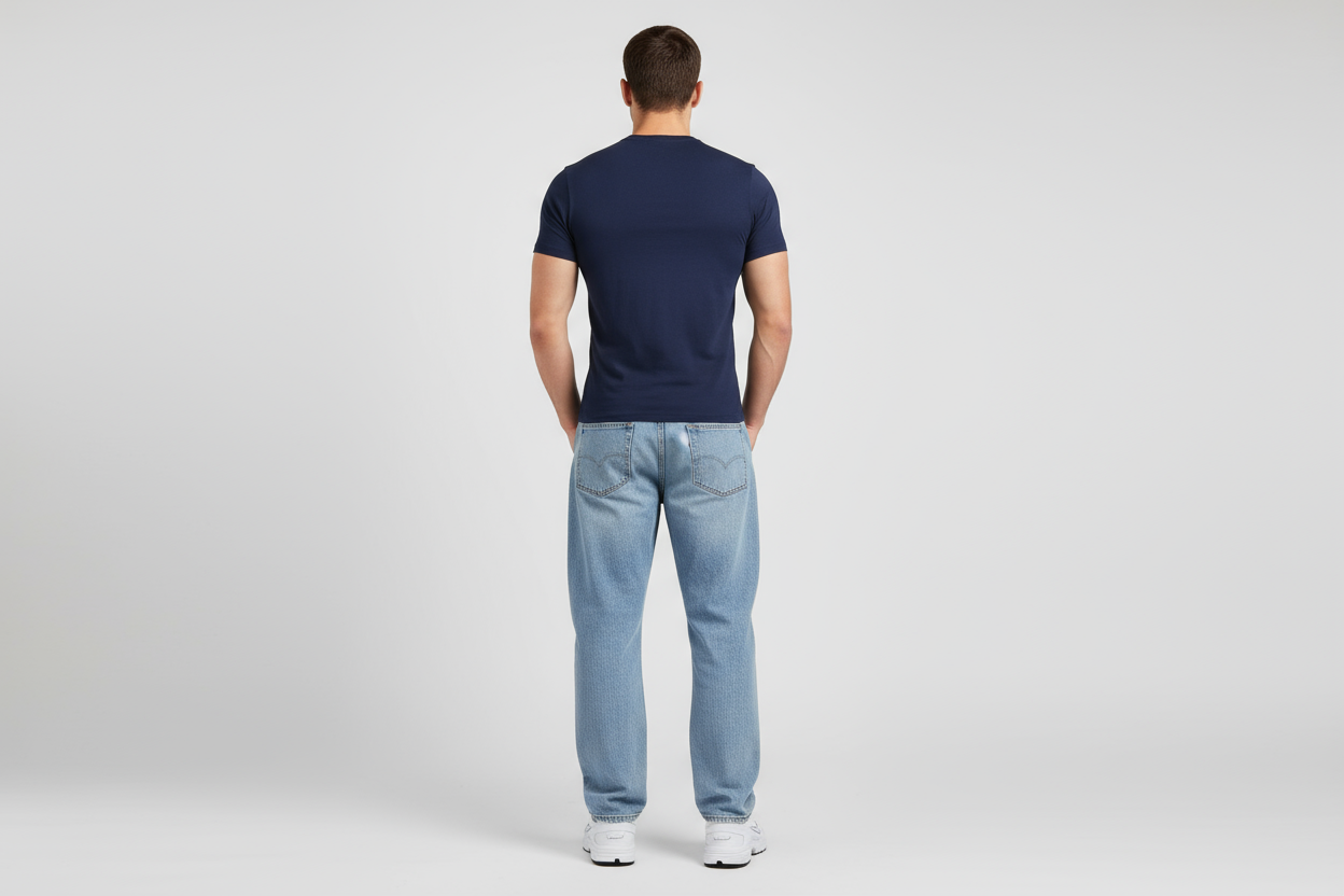 Navy blue t-shirt back view showing fit and construction