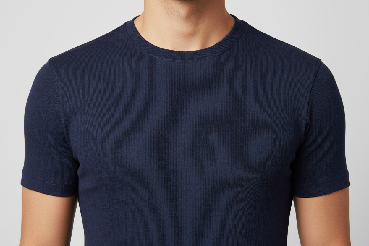 Navy blue t-shirt neckline and chest detail close-up