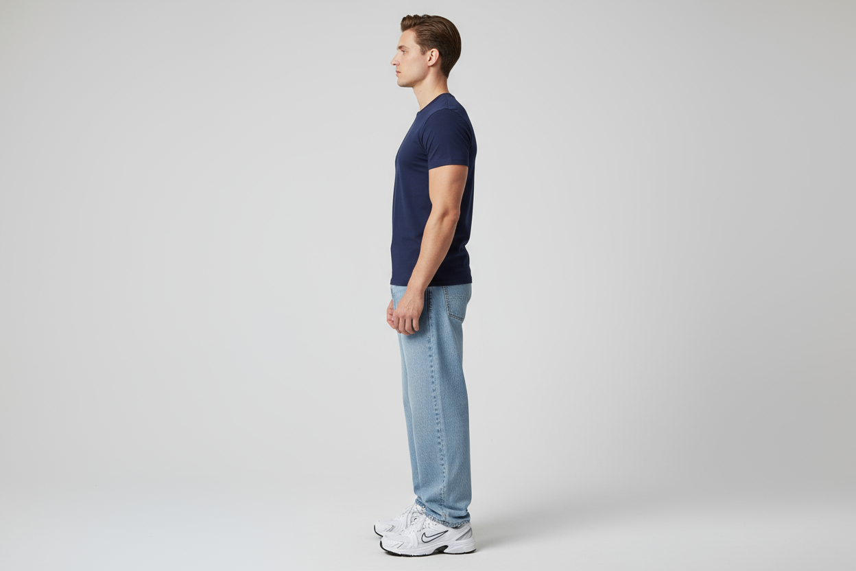 Navy blue t-shirt side profile showing silhouette