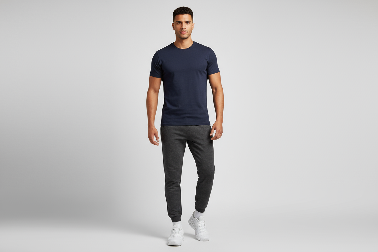 Navy blue t-shirt styled with joggers casual look
