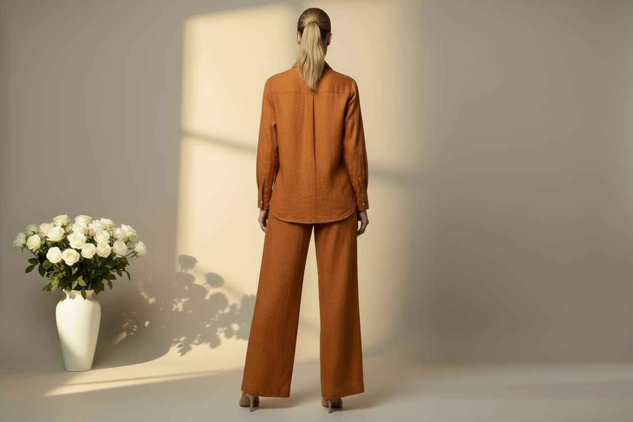 Orange-brown linen co-ord back view