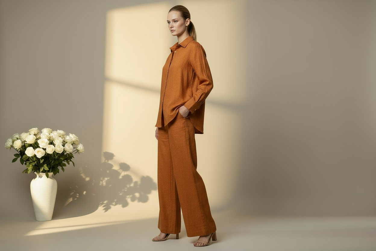 Orange-brown linen co-ord three-quarter view