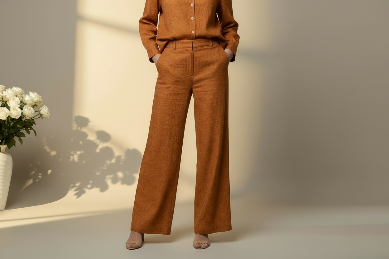 Orange-brown linen pants detail shot