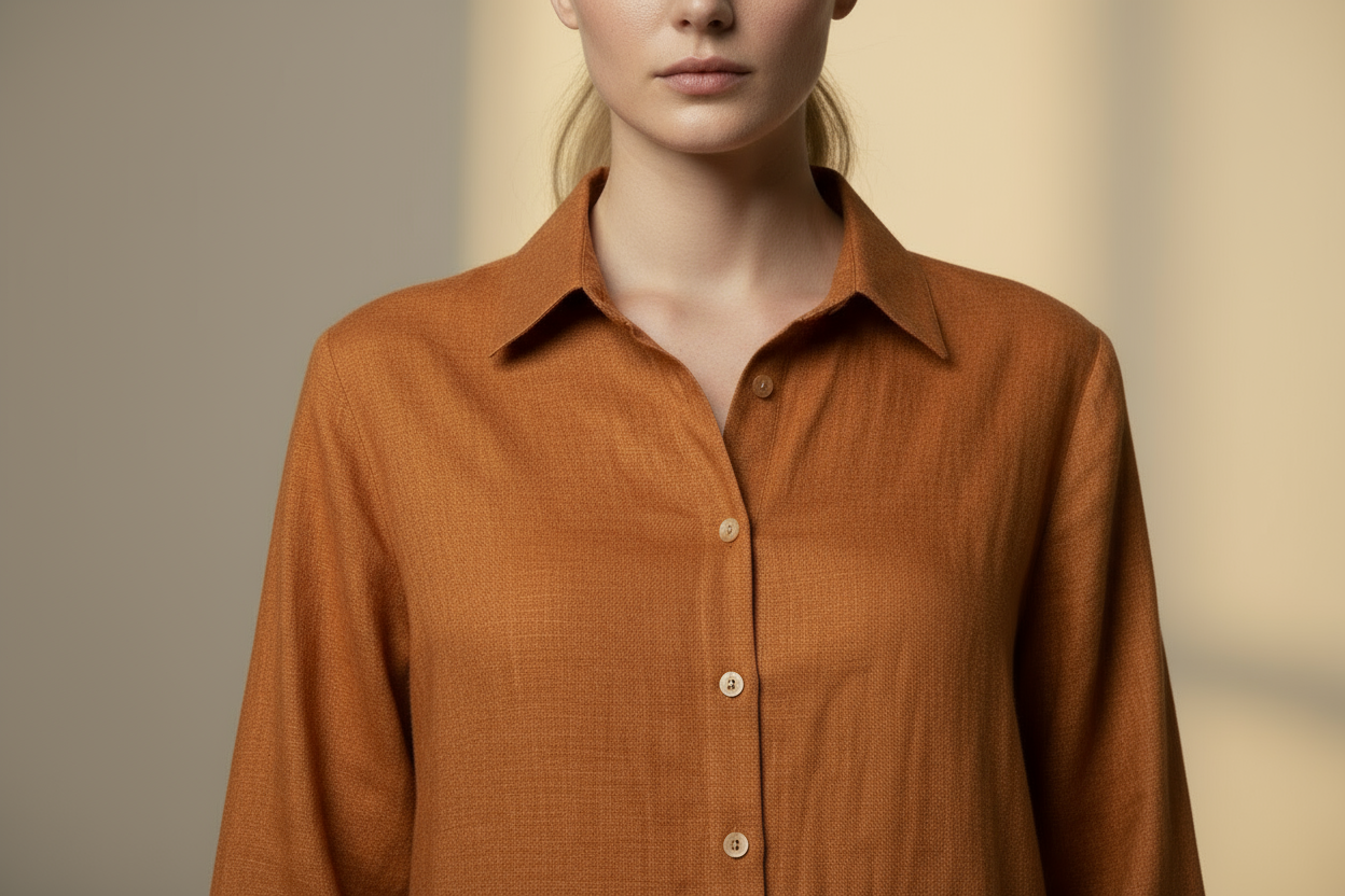 Orange-brown linen shirt close-up detail