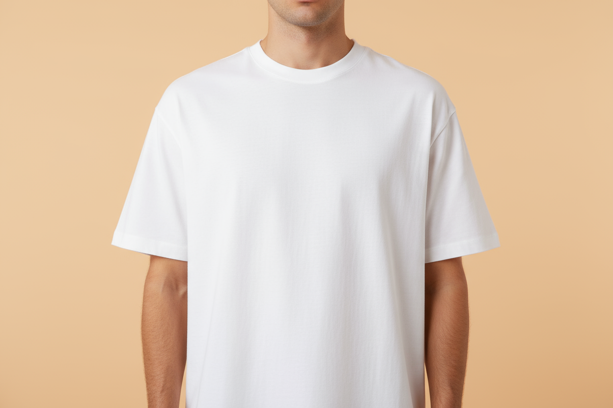 White 240gsm oversized t-shirt neckline and fabric detail close-up