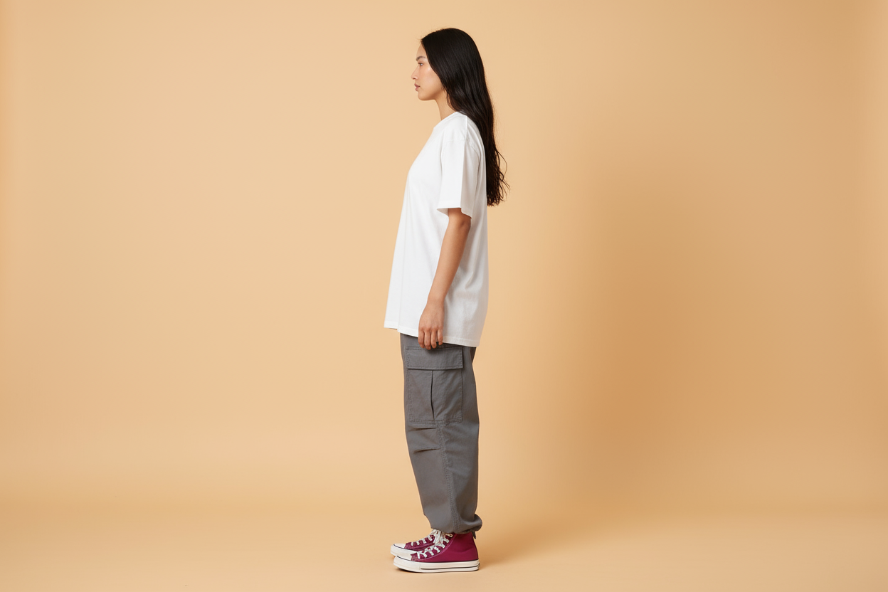 White 240gsm oversized t-shirt side profile on female model