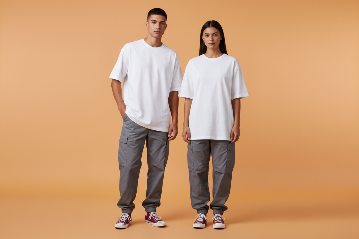 Unisex white 240gsm oversized t-shirt on male and female models with grey cargo pants