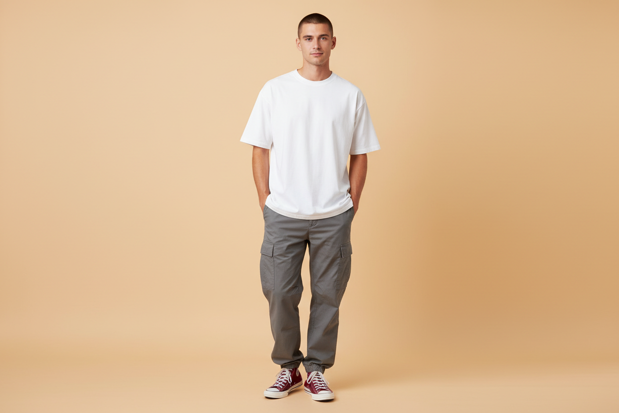 White 240gsm oversized t-shirt styled with grey cargo pants