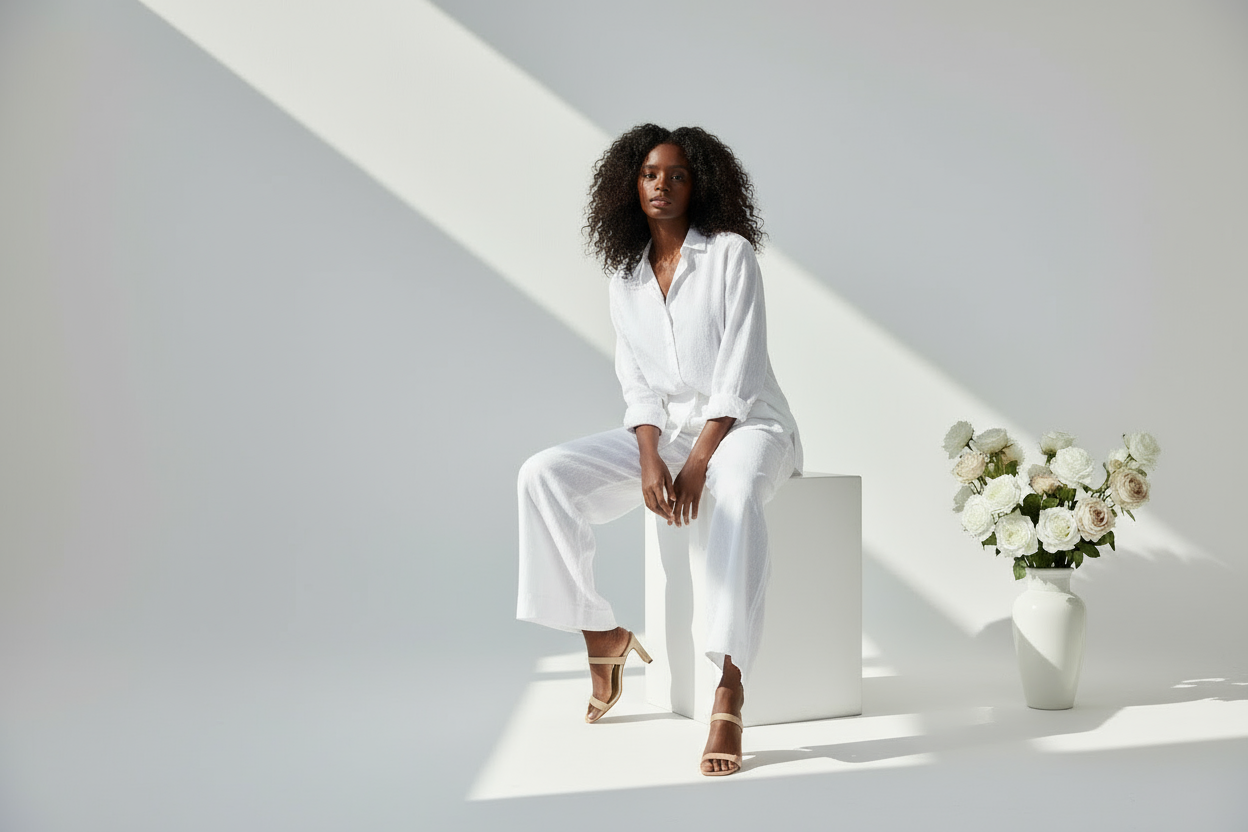 White linen co-ord sitting pose