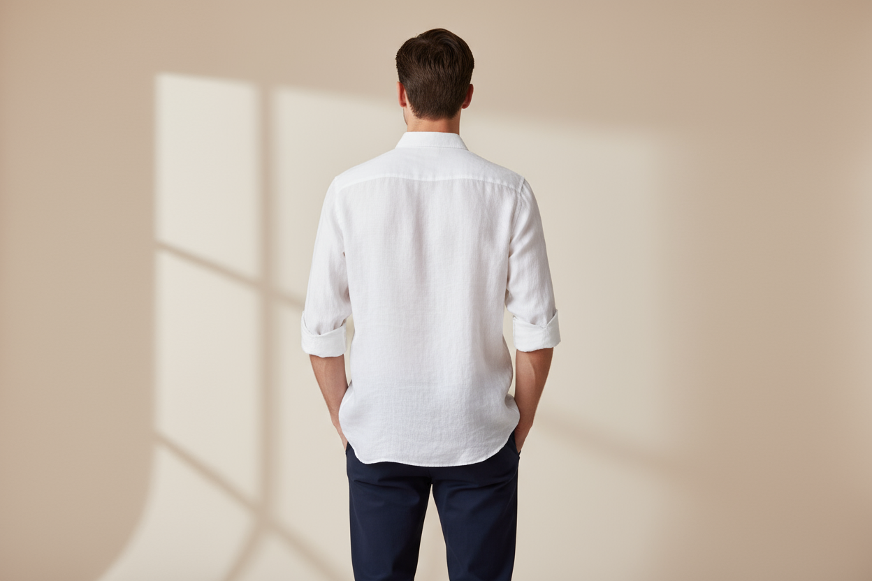 White linen shirt back view showing fit and drape