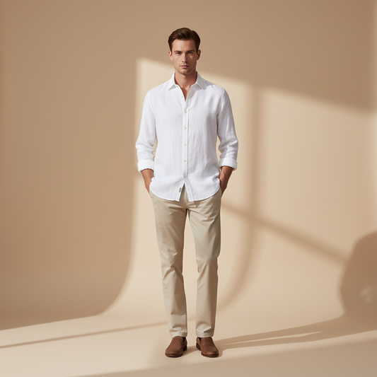 Men's white pure linen shirt with rolled sleeves and navy chinos