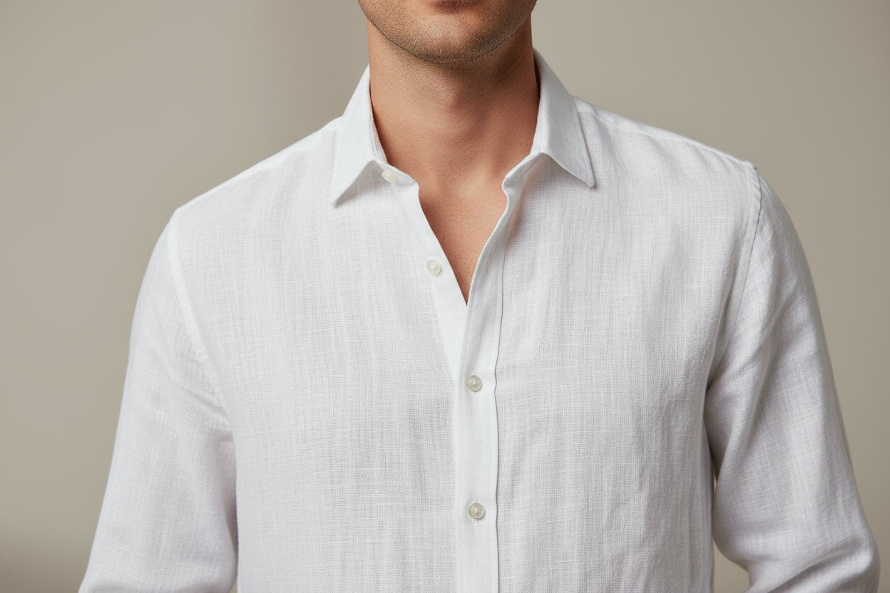 White linen shirt collar and button detail close-up