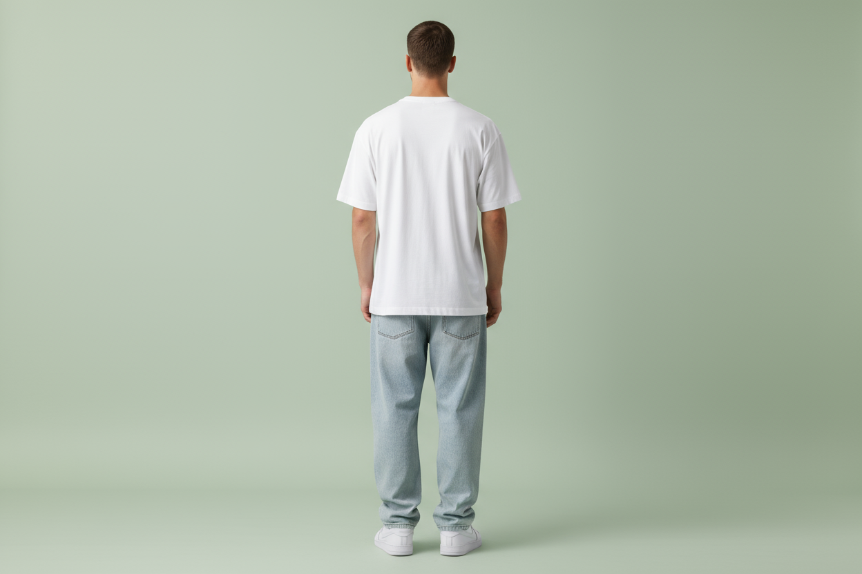 White oversized drop shoulder t-shirt back view showing fit