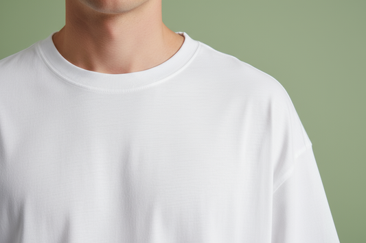 White oversized drop shoulder t-shirt neckline and shoulder detail close-up