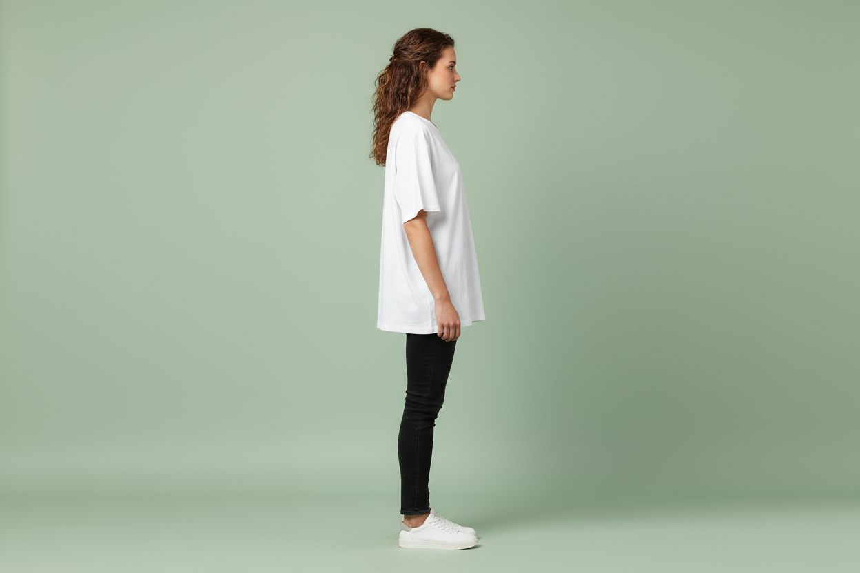 White oversized drop shoulder t-shirt side profile on female model