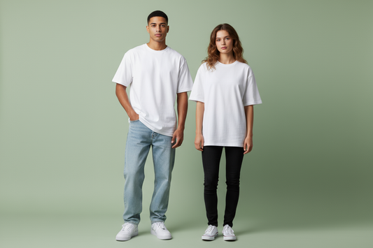Unisex white oversized drop shoulder t-shirt on male and female models