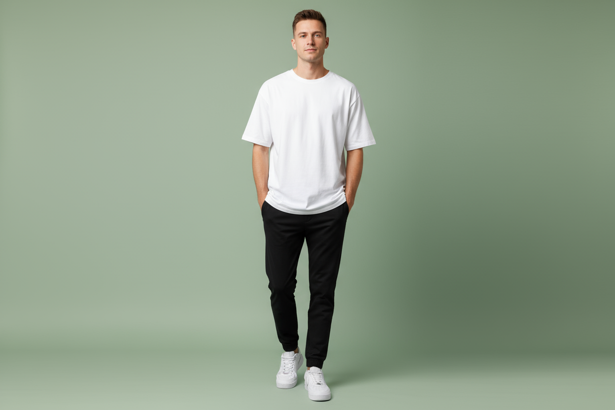 White oversized drop shoulder t-shirt styled with black joggers