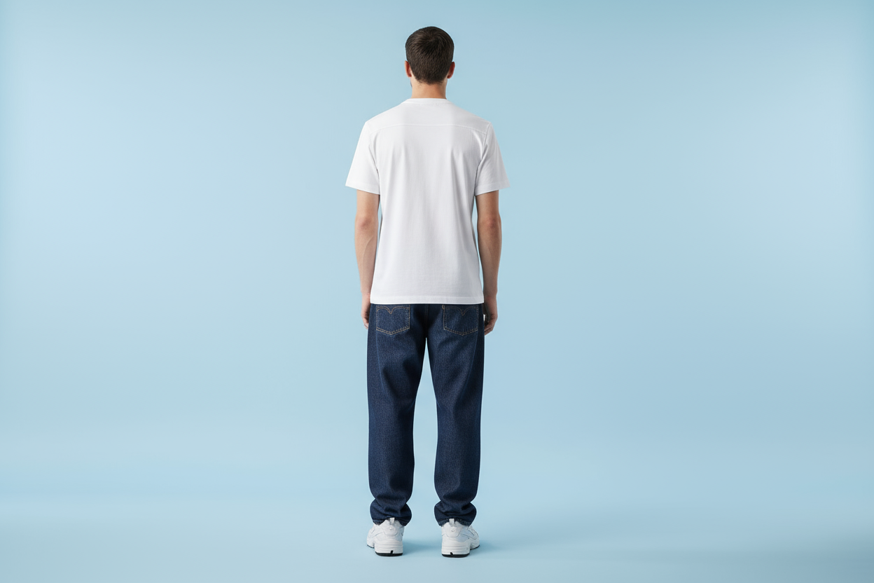 White t-shirt back view showing fit and construction