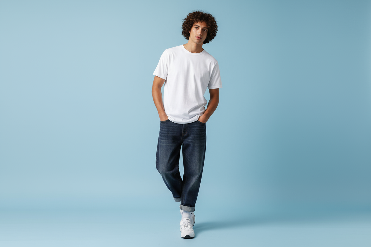 Men's white cotton crew neck t-shirt with dark baggy jeans
