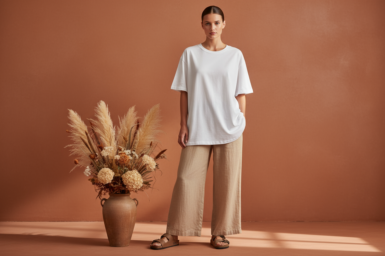 White t-shirt untucked over pants