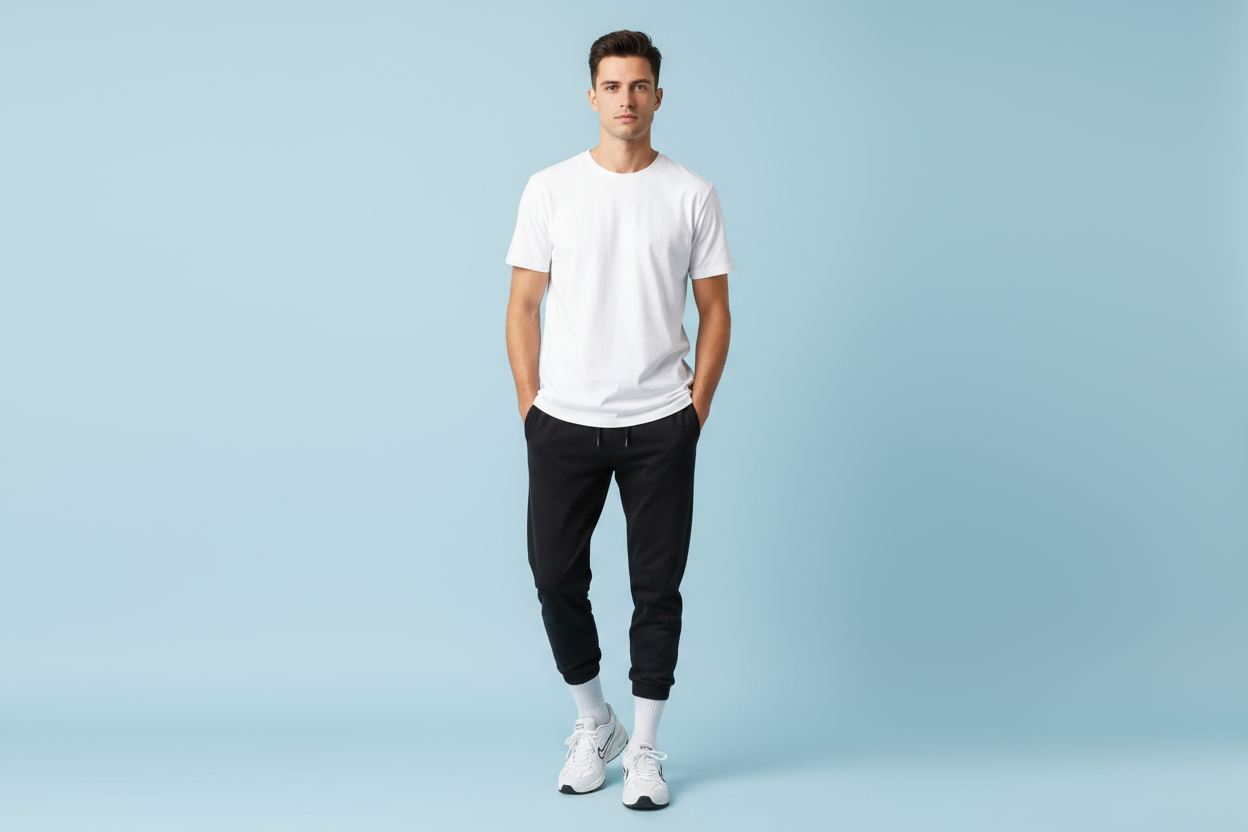 White t-shirt styled with black joggers casual look